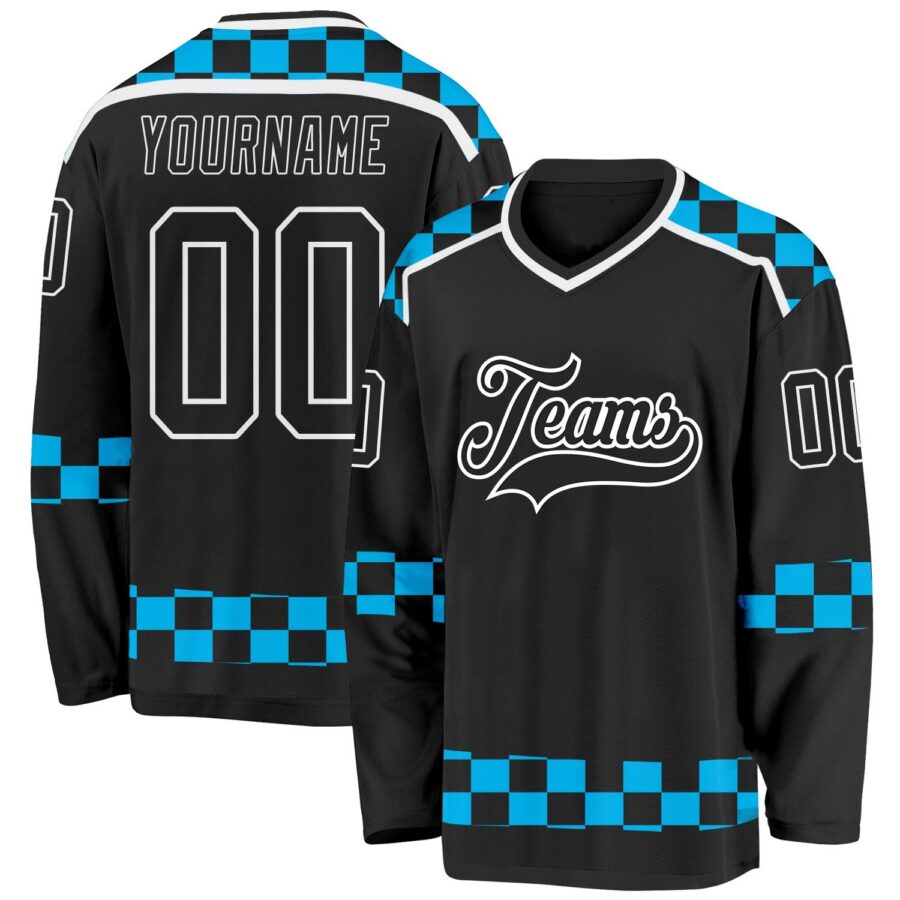 Custom Black Blue-White 3D Pattern Plaid Hockey Jersey