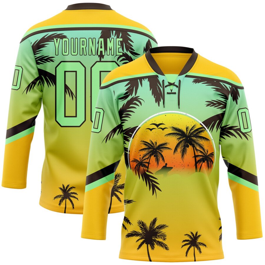 Custom Yellow Pea Green-Brown 3D Pattern Gradient Hawaii Tropical Palm Trees Hockey Lace Neck Jersey