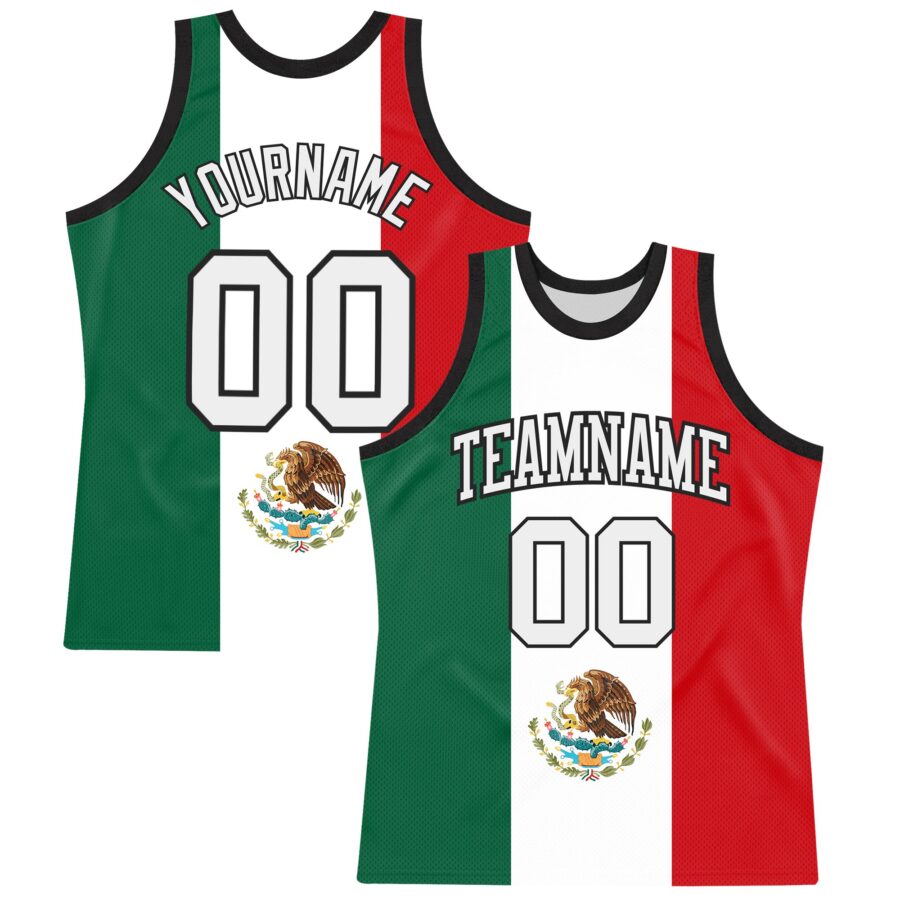 Custom Kelly Green White Red-Black Mexican Flag Round Neck Sublimation Basketball Suit Jersey