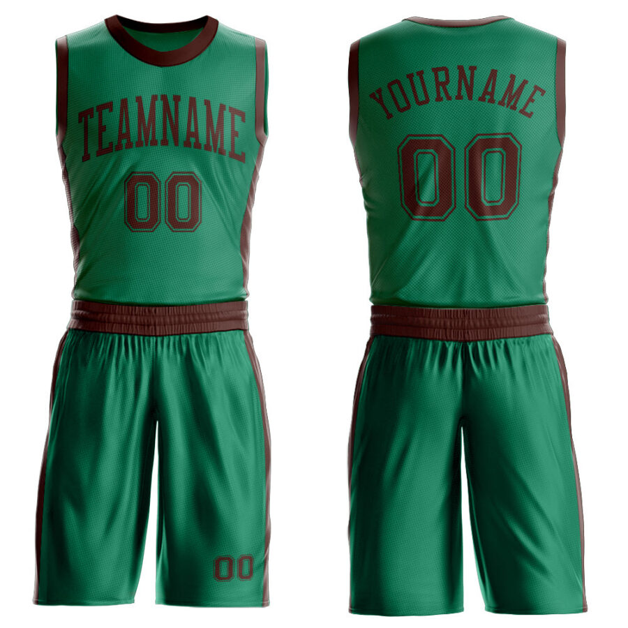 Custom Kelly Green Brown Round Neck Suit Basketball Jersey
