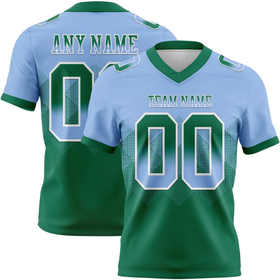 Custom Light Blue Kelly Green-White Authentic Gradient Square Shape Flag Football Jersey