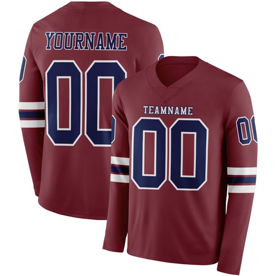 Custom Burgundy Navy-White Long Sleeve Authentic Football Jersey