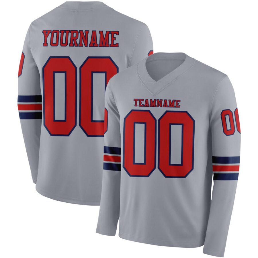 Custom Gray Red-Navy Long Sleeve Authentic Football Jersey
