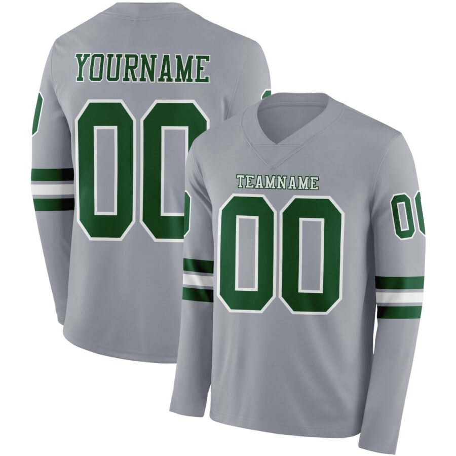 Custom Gray Green-White Long Sleeve Authentic Football Jersey