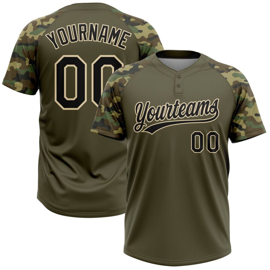Custom Olive Black-Cream Salute To Service Camo Raglan Sleeves Two-Button Unisex Softball Jersey