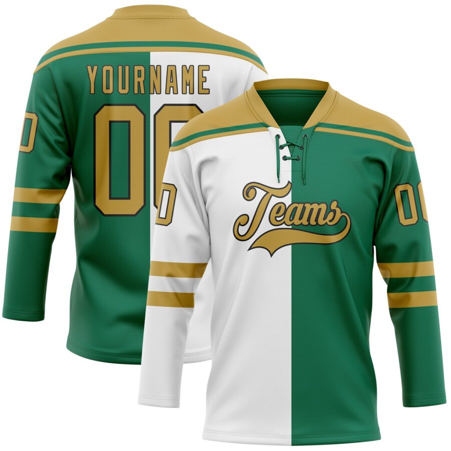 Custom Kelly Green Old Gold Black-White Split Fashion Hockey Lace Neck Jersey