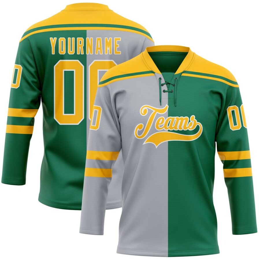 Custom Kelly Green Gold Gray-White Split Fashion Hockey Lace Neck Jersey
