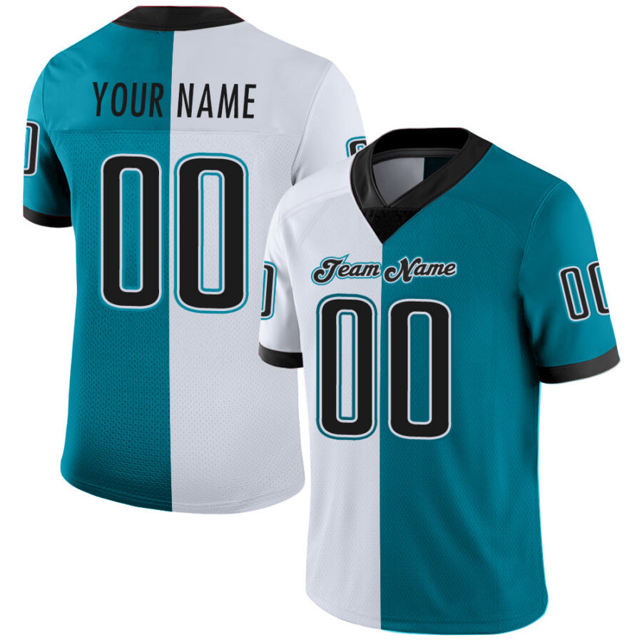 Custom Teal Black-White Split Fashion Football Jersey