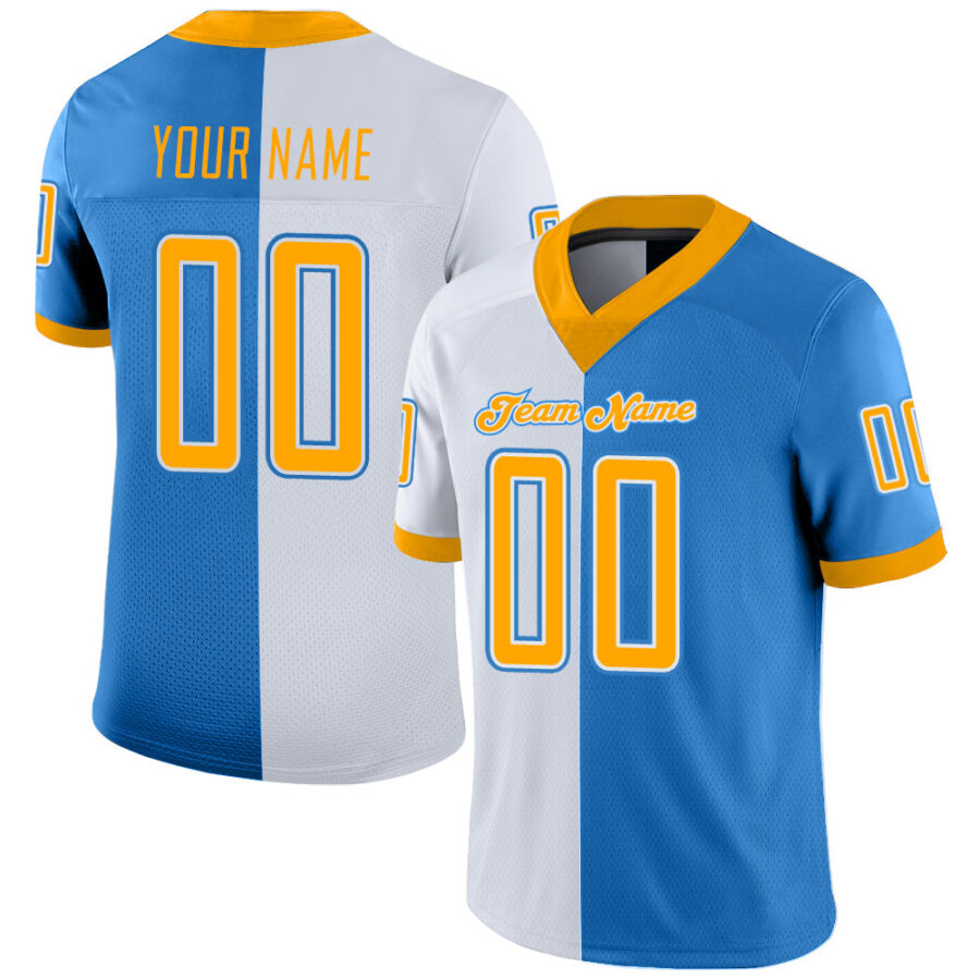 Custom Powder Blue Gold-White Split Fashion Football Jersey
