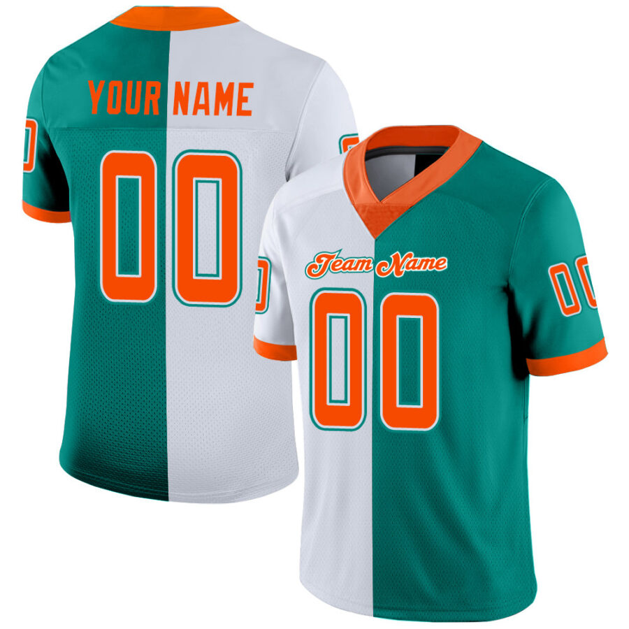 Custom Aqua Orange-White Split Fashion Football Jersey