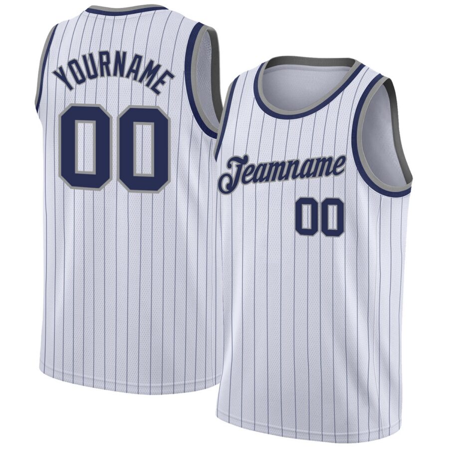 Custom White Navy Pinstripe Navy-Gray Authentic  Basketball Jersey