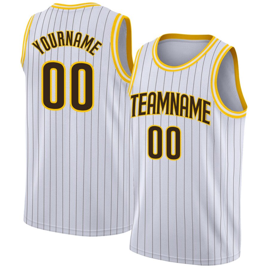 Custom White Brown Pinstripe Brown-Gold Authentic  Basketball Jersey